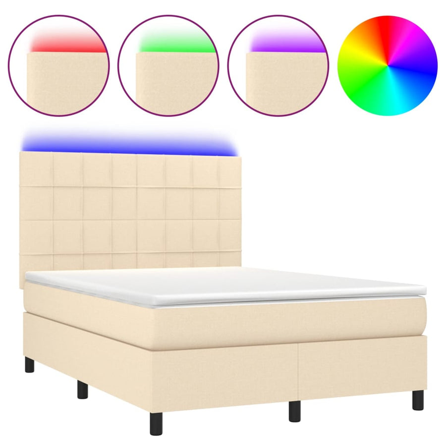 Boxspring met matras en LED stof crèmekleurig 140x190 cm 140 x 190 cm Blok met vierkanten