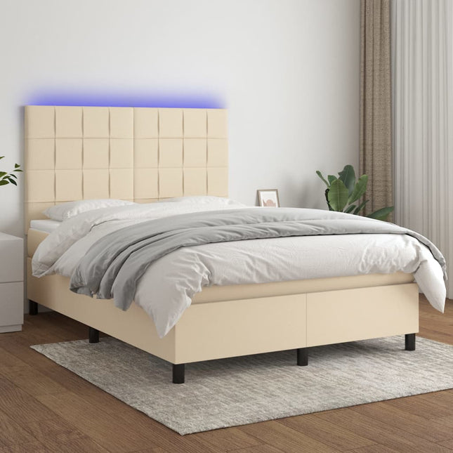 Boxspring met matras en LED stof crèmekleurig 140x190 cm 140 x 190 cm Blok met vierkanten