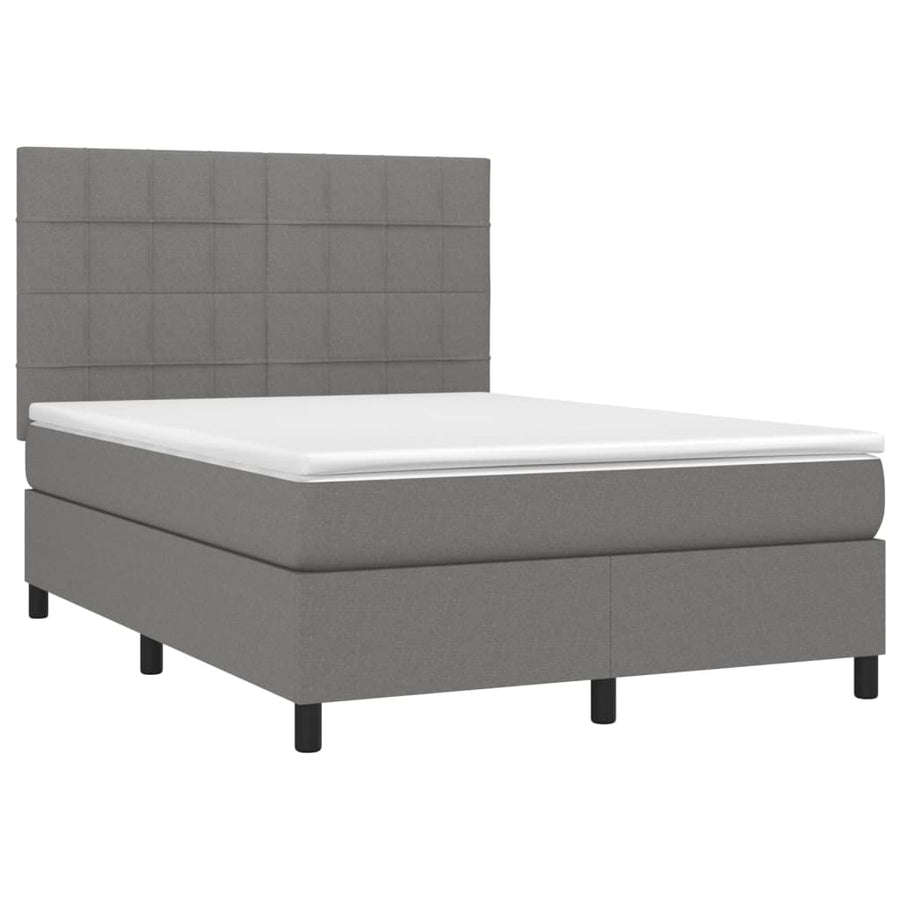 Boxspring Met Matras En Led Stof Donkergrijs 140 x 200 cm Blok met vierkanten
