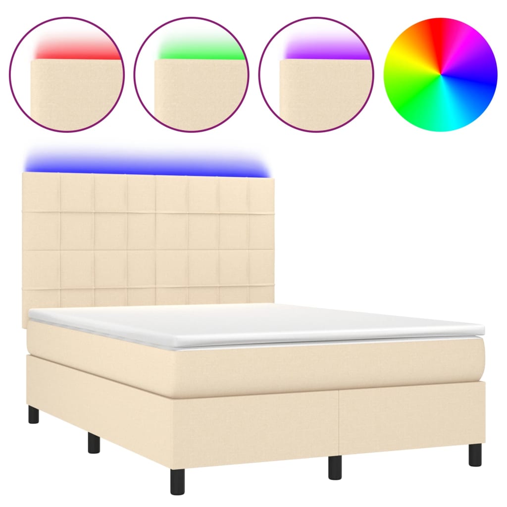 Boxspring met matras en LED stof crèmekleurig 140x200 cm 140 x 200 cm Blok met vierkanten