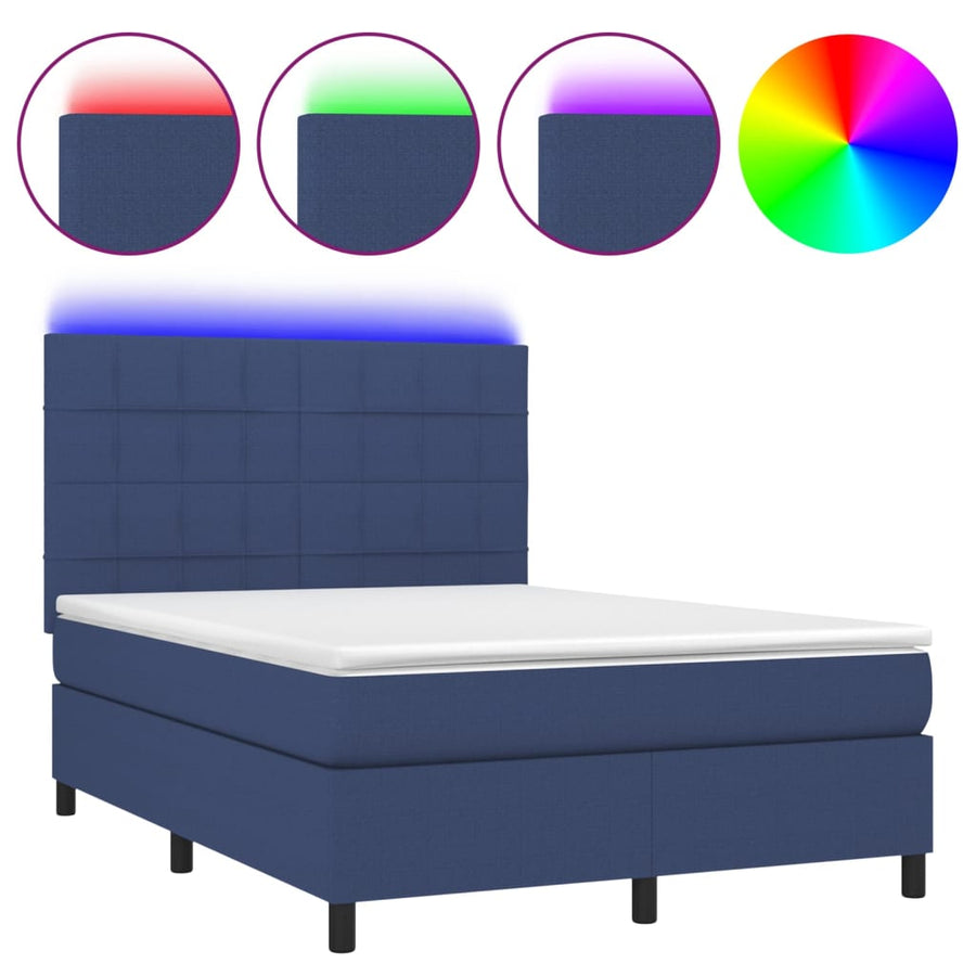 Boxspring Met Matras En Led Stof Blauw 140 x 200 cm Blok met vierkanten