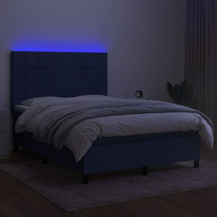 Boxspring Met Matras En Led Stof Blauw 140 x 200 cm Blok met vierkanten