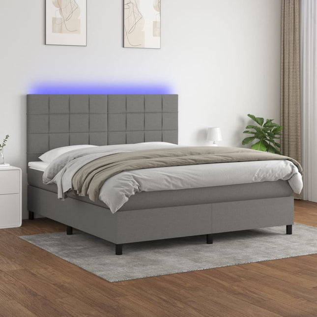 Boxspring Met Matras En Led Stof Donkergrijs 160 x 200 cm Blok met vierkanten