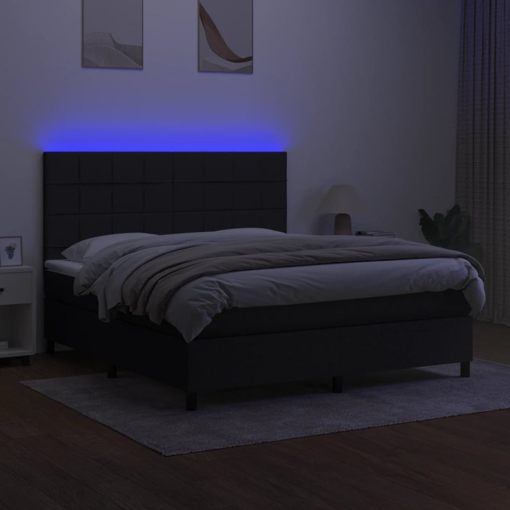 Boxspring Met Matras En Led Stof Zwart 160 x 200 cm Blok met vierkanten