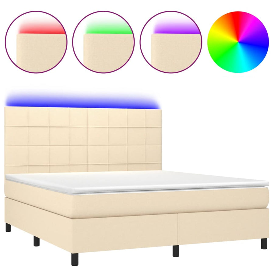 Boxspring Met Matras En Led Stof Kleurig Crème 160 x 200 cm Blok met vierkanten