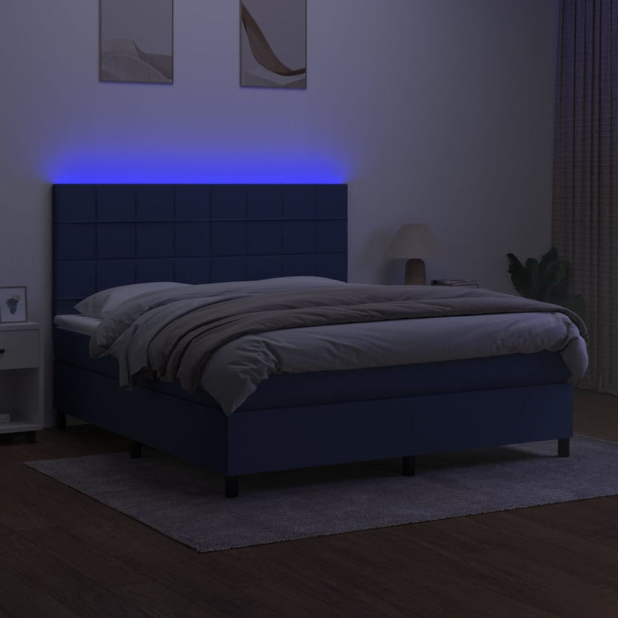 Boxspring Met Matras En Led Stof Blauw 160 x 200 cm Blok met vierkanten