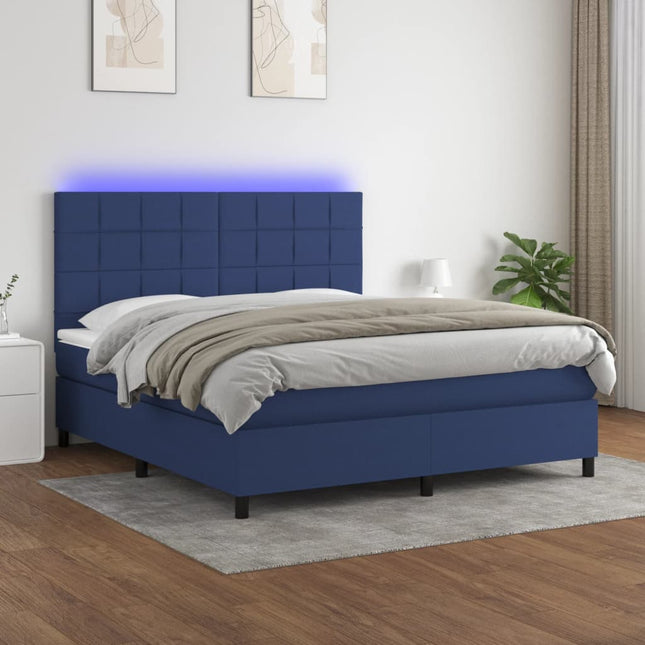 Boxspring Met Matras En Led Stof Blauw 160 x 200 cm Blok met vierkanten