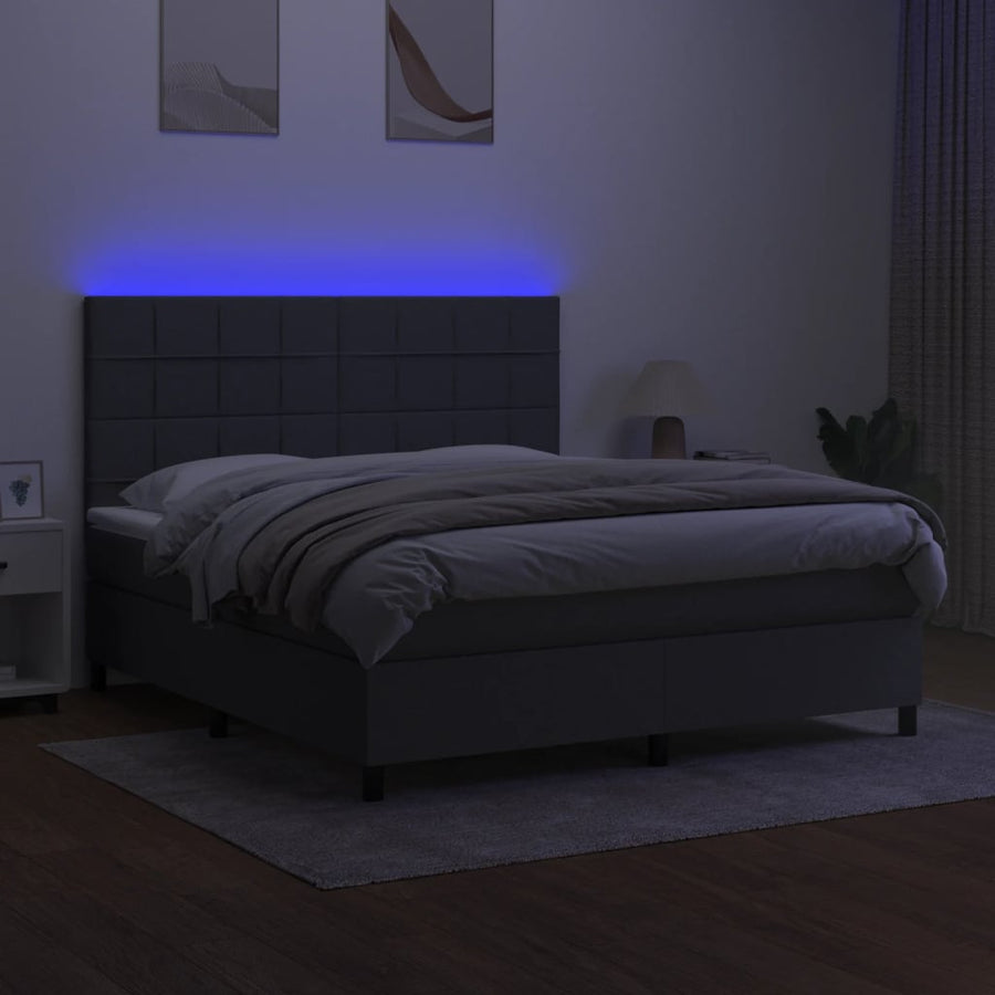 Boxspring Met Matras En Led Stof Donkergrijs 180 x 200 cm Blok met vierkanten