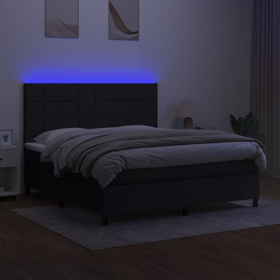 Boxspring Met Matras En Led Stof Zwart 180 x 200 cm Blok met vierkanten
