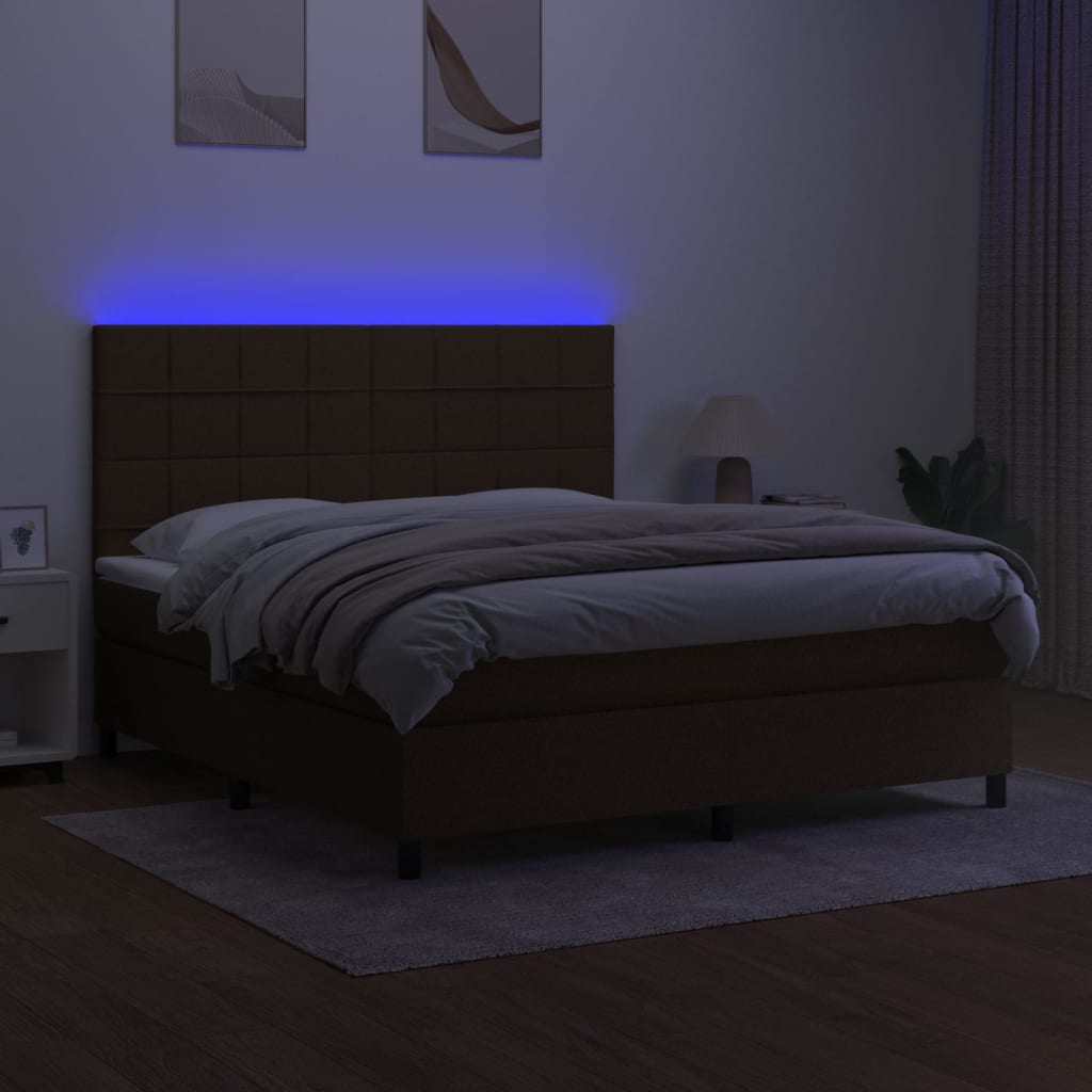 Boxspring Met Matras En Led Stof Donkerbruin 180 x 200 cm Blok met vierkanten