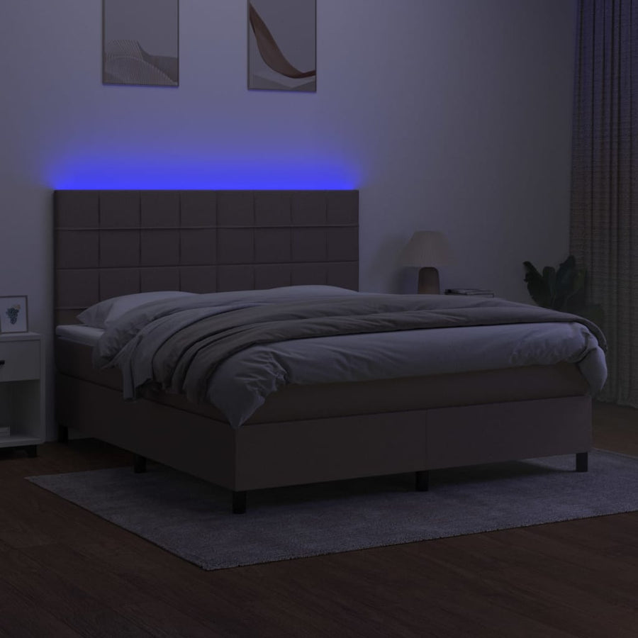 Boxspring Met Matras En Led Stof Taupe 180 x 200 cm Blok met vierkanten