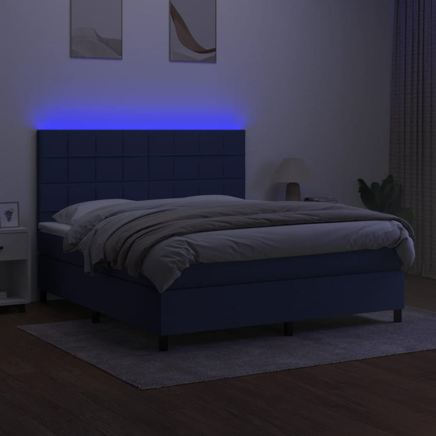 Boxspring Met Matras En Led Stof Blauw 180 x 200 cm Blok met vierkanten