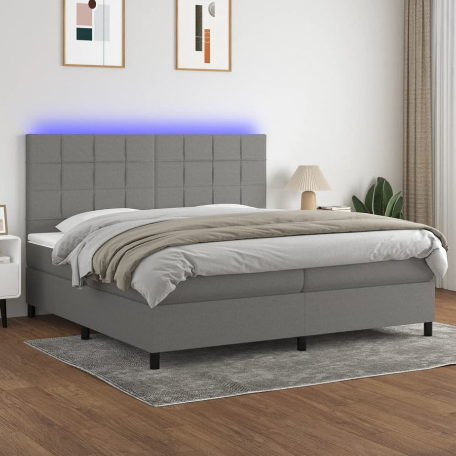 Boxspring Met Matras En Led Stof Donkergrijs 200 x 200 cm Blok met vierkanten