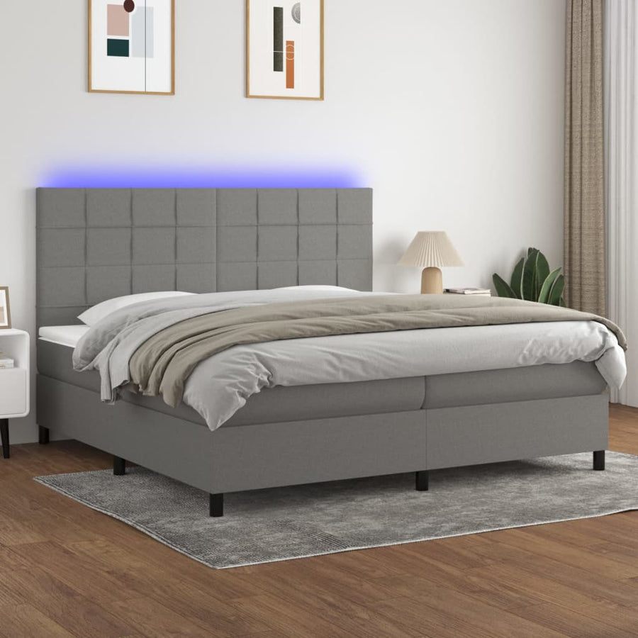 Boxspring Met Matras En Led Stof Donkergrijs 200 x 200 cm Blok met vierkanten