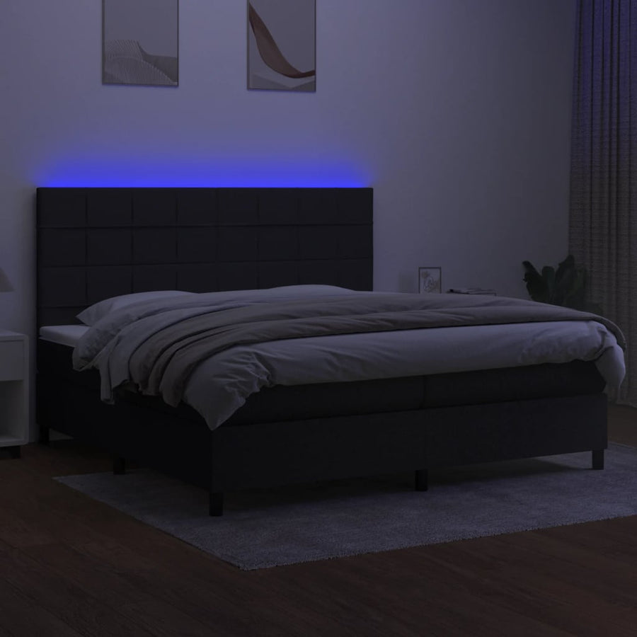 Boxspring Met Matras En Led Stof Zwart 200 x 200 cm Blok met vierkanten