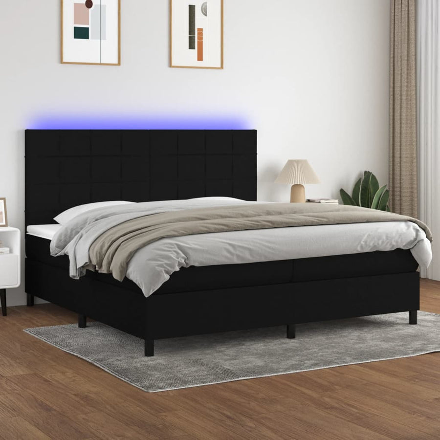 Boxspring Met Matras En Led Stof Zwart 200 x 200 cm Blok met vierkanten