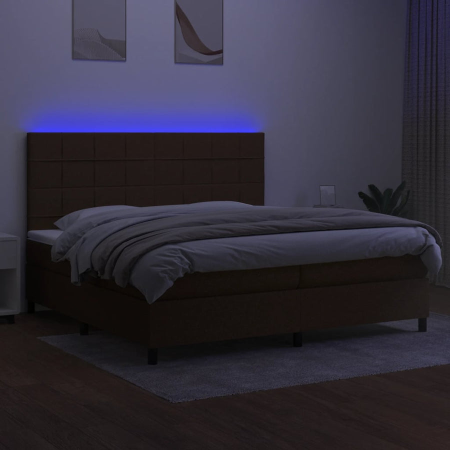 Boxspring Met Matras En Led Stof Donkerbruin 200X200 Cm 200 x 200 cm Blok met vierkanten