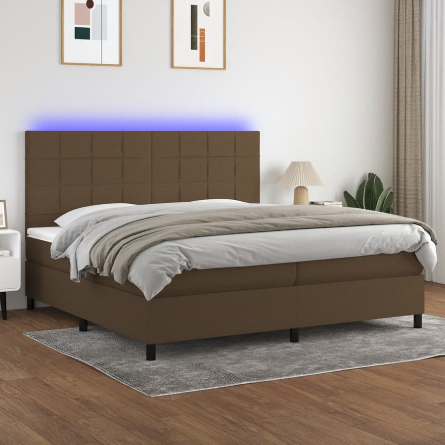 Boxspring Met Matras En Led Stof Donkerbruin 200X200 Cm 200 x 200 cm Blok met vierkanten