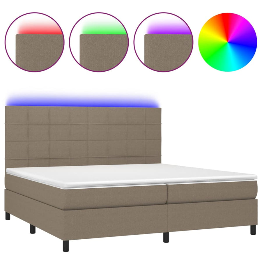 Boxspring Met Matras En Led Stof Taupe 200 x 200 cm Blok met vierkanten
