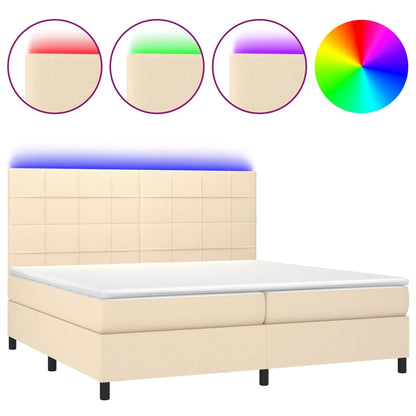 Boxspring Met Matras En Led Stof Kleurig Crème 200 x 200 cm Blok met vierkanten