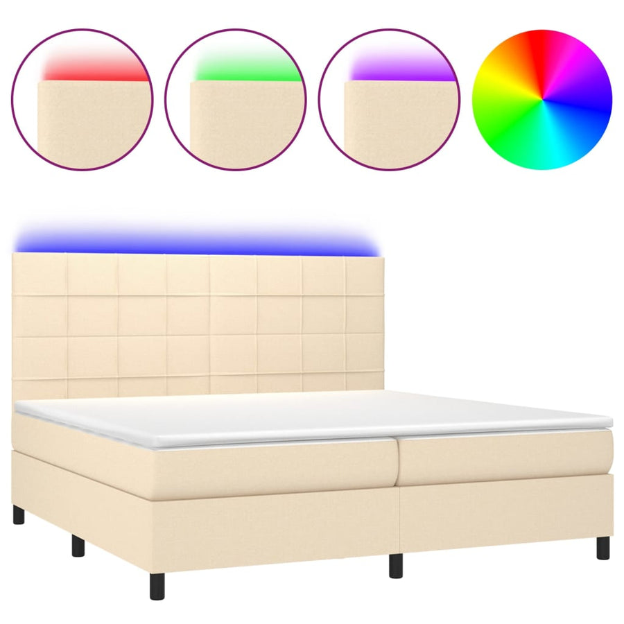 Boxspring Met Matras En Led Stof Kleurig Crème 200 x 200 cm Blok met vierkanten
