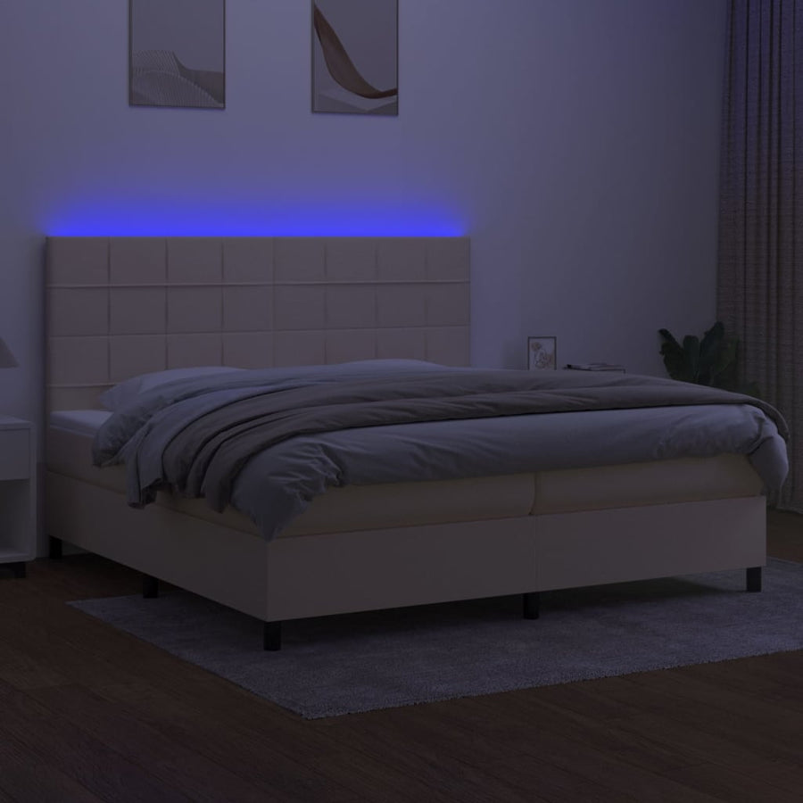 Boxspring Met Matras En Led Stof Kleurig Crème 200 x 200 cm Blok met vierkanten