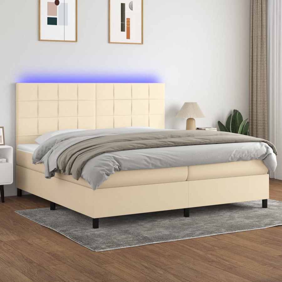 Boxspring Met Matras En Led Stof Kleurig Crème 200 x 200 cm Blok met vierkanten
