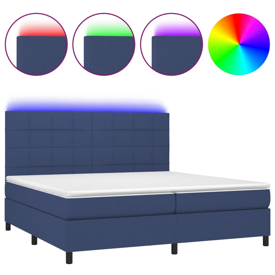Boxspring Met Matras En Led Stof Blauw 200 x 200 cm Blok met vierkanten
