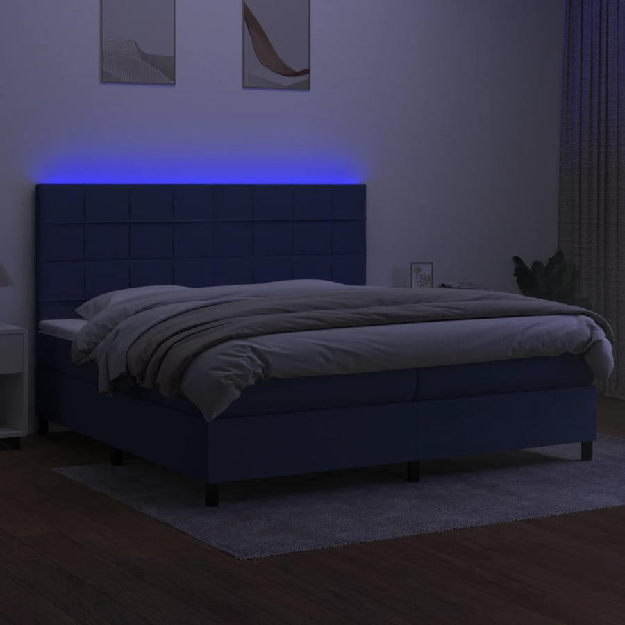 Boxspring Met Matras En Led Stof Blauw 200 x 200 cm Blok met vierkanten