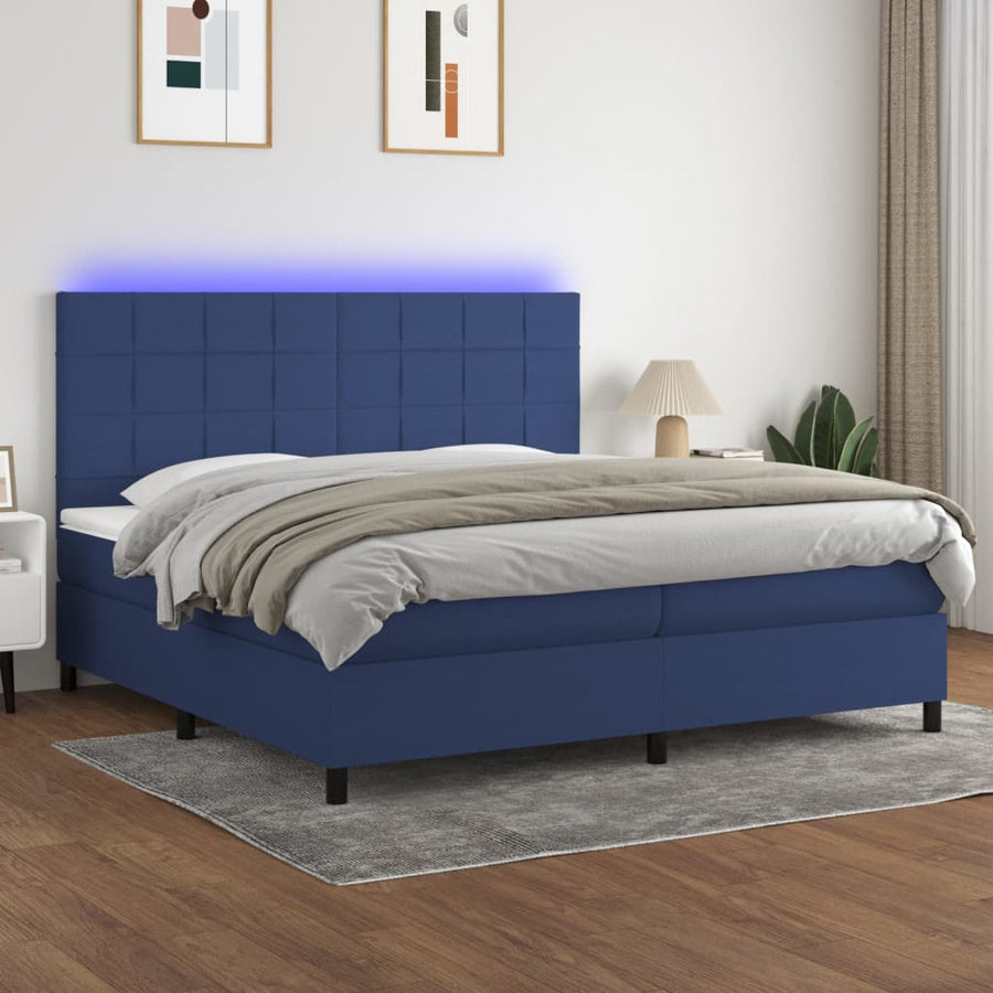 Boxspring Met Matras En Led Stof Blauw 200 x 200 cm Blok met vierkanten