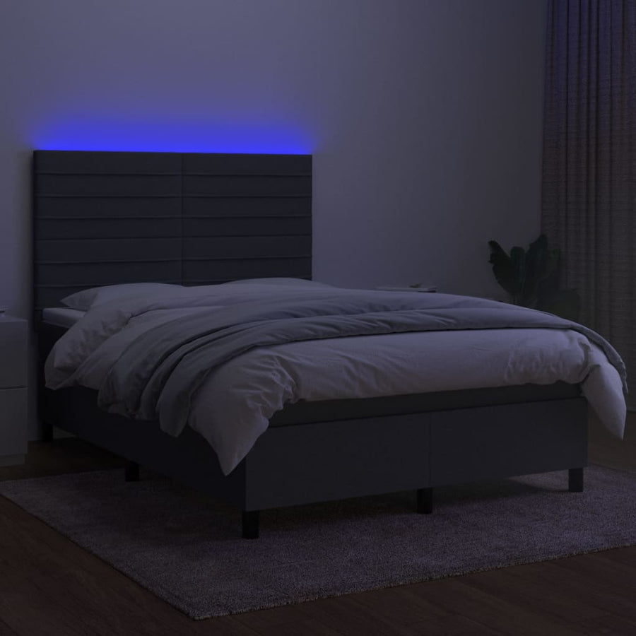 Boxspring Met Matras En Led Stof Donkergrijs 140 x 190 cm Horizontale strepen
