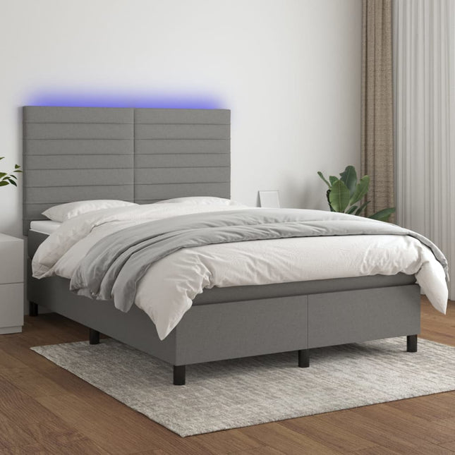 Boxspring Met Matras En Led Stof Donkergrijs 140 x 190 cm Horizontale strepen