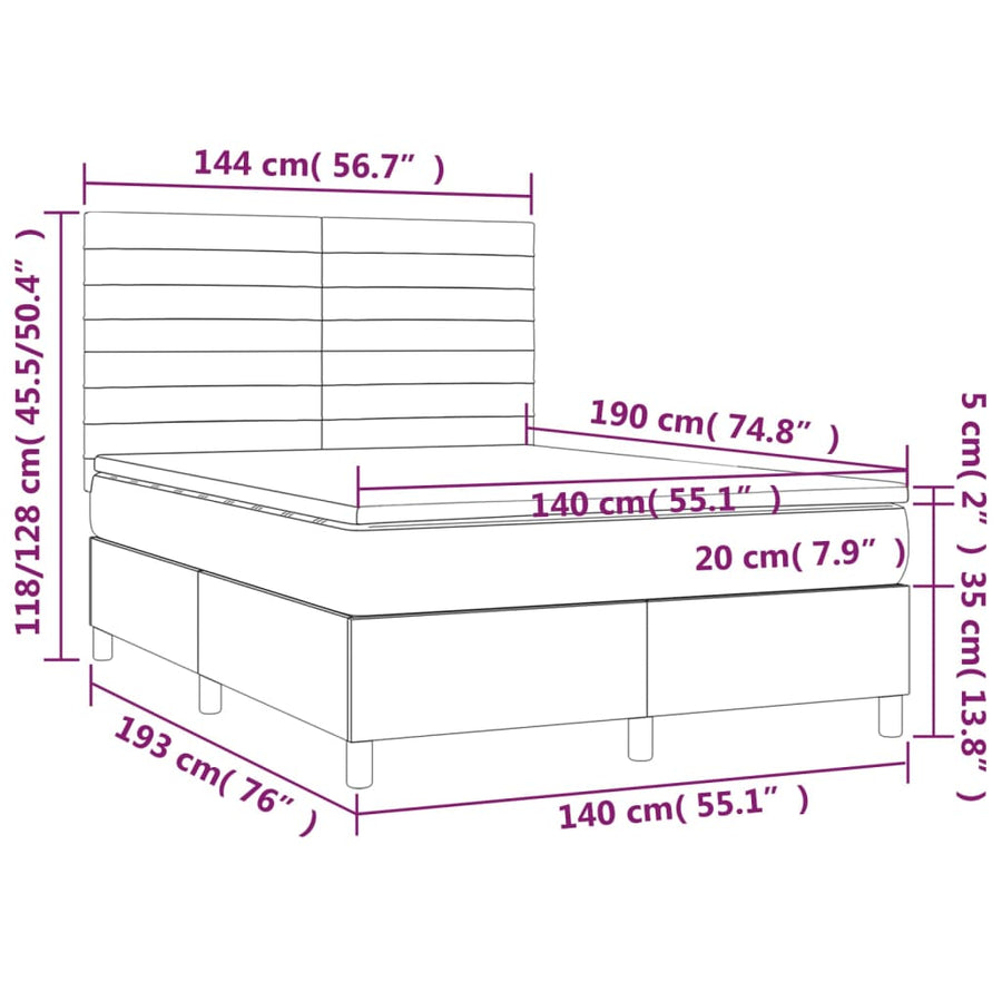 Boxspring met matras en LED stof donkerbruin 140x190 cm 140 x 190 cm Horizontale strepen