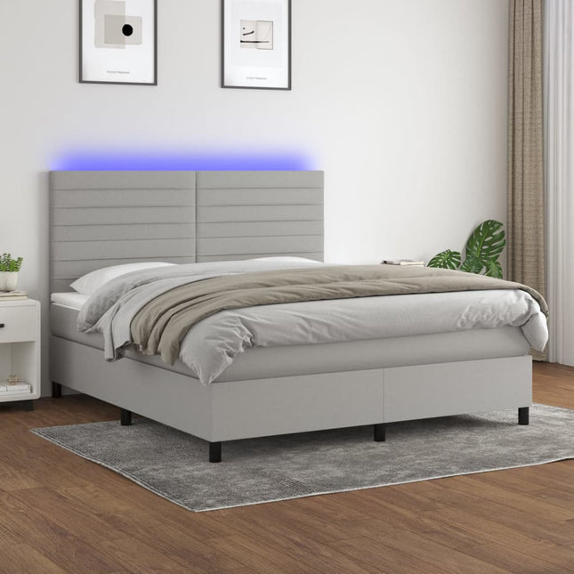 Boxspring met matras en LED stof lichtgrijs 160x200 cm 160 x 200 cm Horizontale strepen