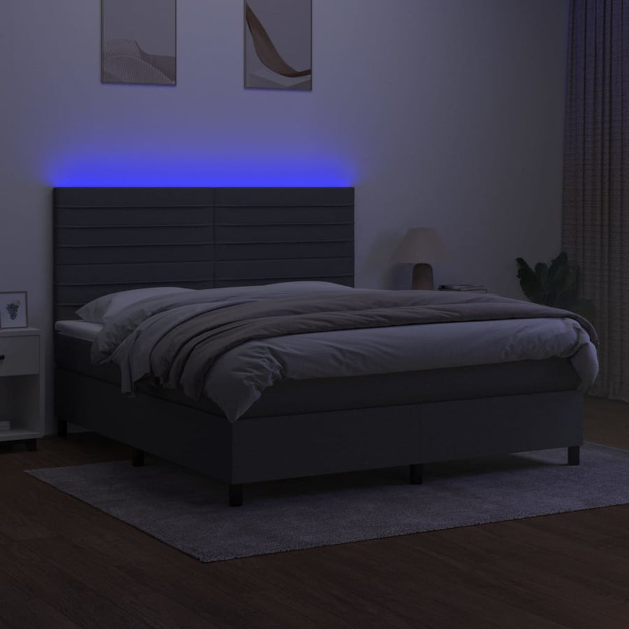 Boxspring Met Matras En Led Stof Donkergrijs 160 x 200 cm Horizontale strepen
