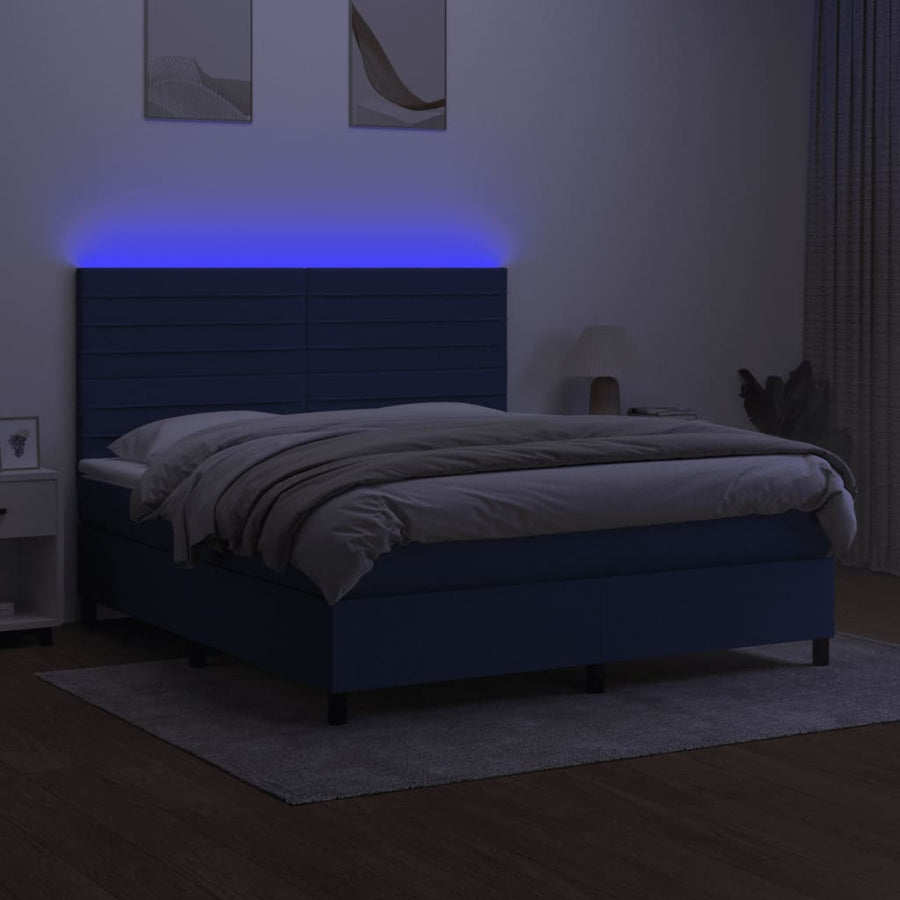 Boxspring Met Matras En Led Stof Blauw 160 x 200 cm Horizontale strepen