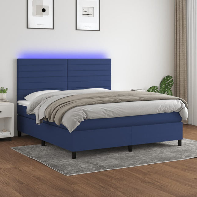 Boxspring Met Matras En Led Stof Blauw 160 x 200 cm Horizontale strepen