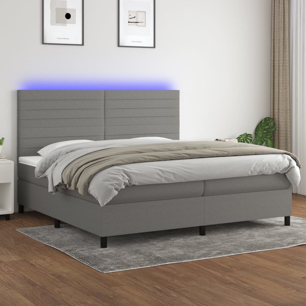 Boxspring Met Matras En Led Stof Donkergrijs 200 x 200 cm Horizontale strepen