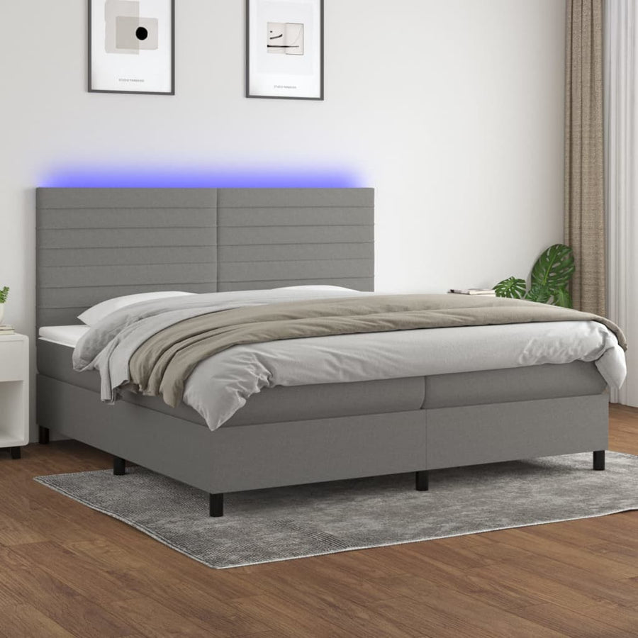 Boxspring Met Matras En Led Stof Donkergrijs 200 x 200 cm Horizontale strepen
