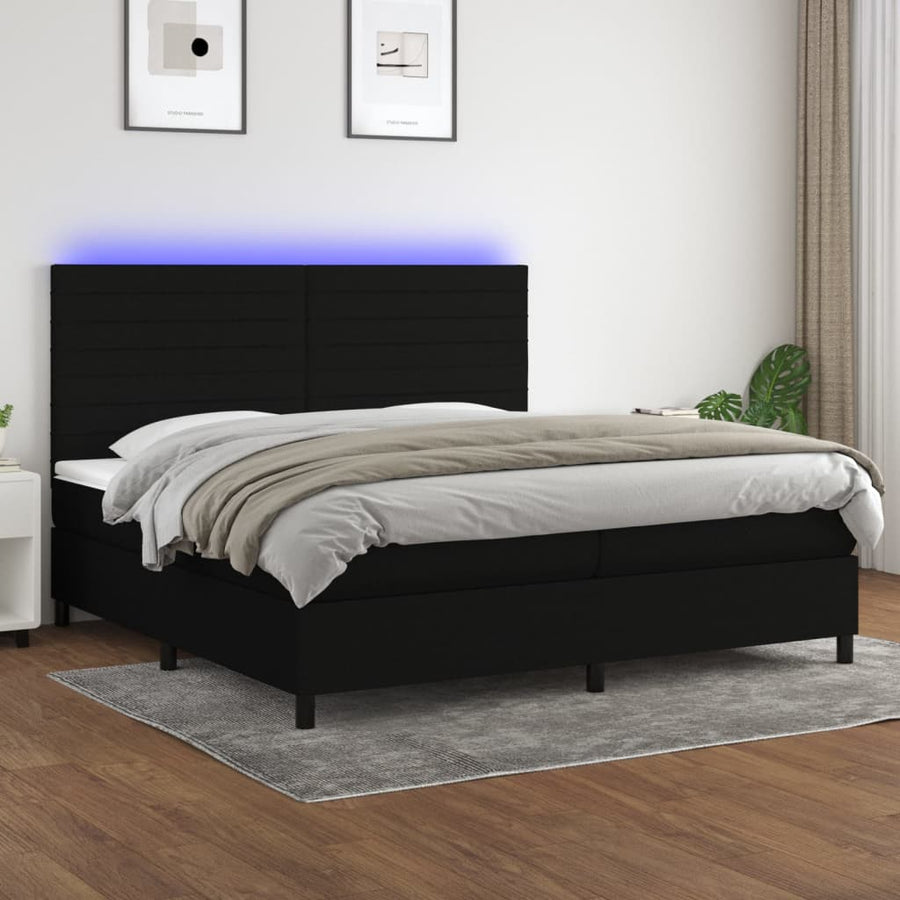 Boxspring Met Matras En Led Stof Zwart 200 x 200 cm Horizontale strepen