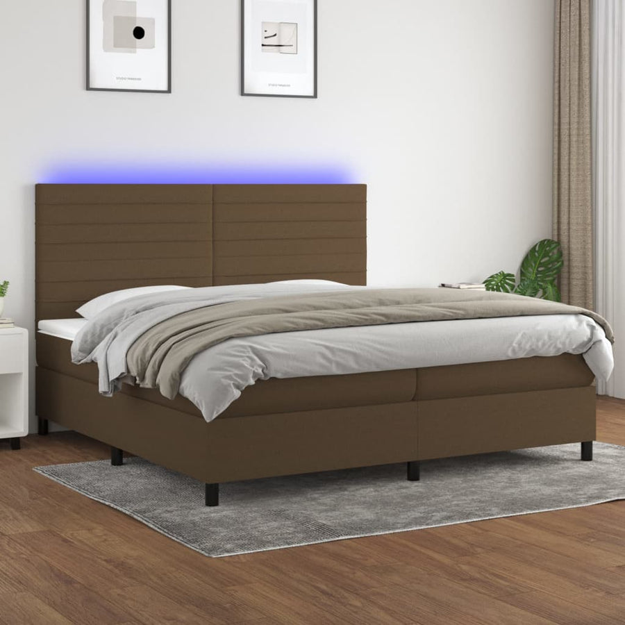 Boxspring Met Matras En Led Stof Donkerbruin 200X200 Cm 200 x 200 cm Horizontale strepen