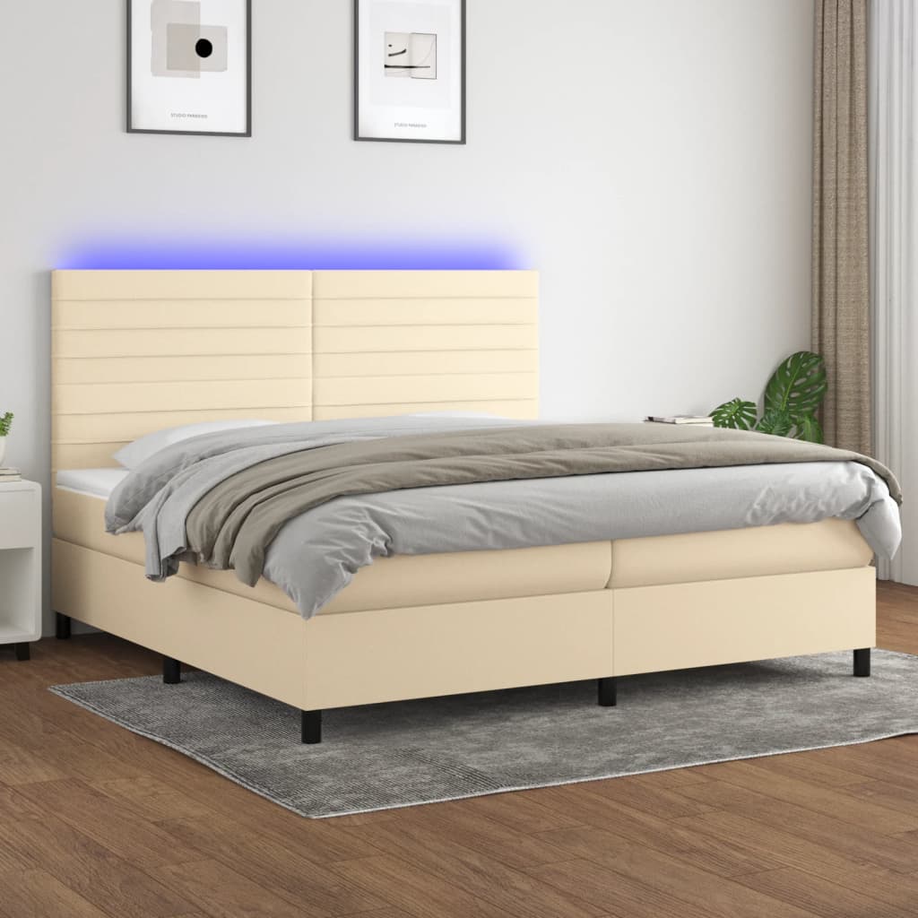 Boxspring Met Matras En Led Stof Kleurig Crème 200 x 200 cm Horizontale strepen