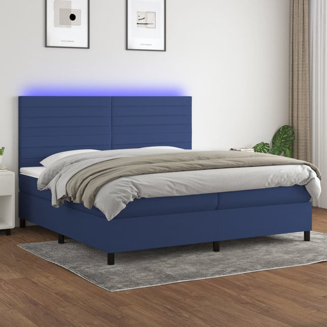 Boxspring Met Matras En Led Stof Blauw 200 x 200 cm Horizontale strepen