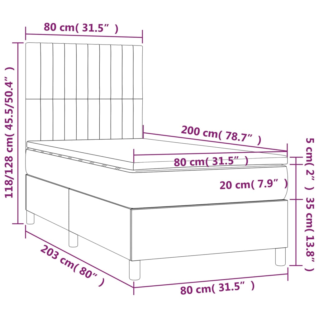 Boxspring met matras en LED stof lichtgrijs 80x200 cm 80 x 200 cm Lichtgrijs