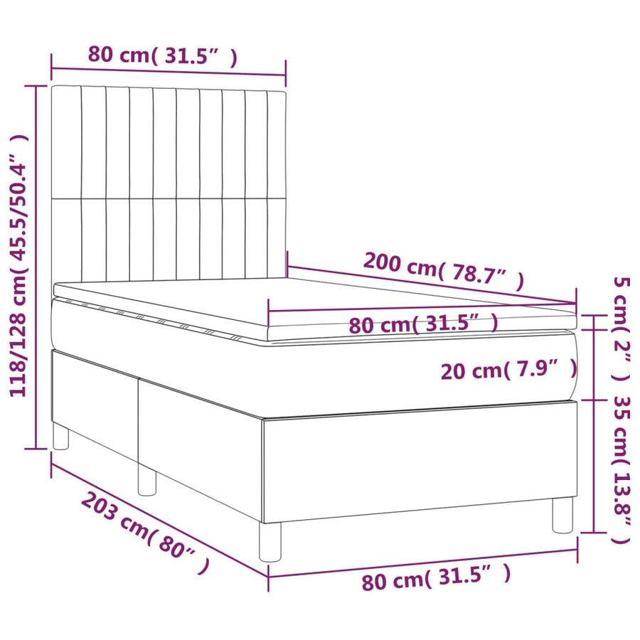 Boxspring met matras en LED stof lichtgrijs 80x200 cm 80 x 200 cm Lichtgrijs