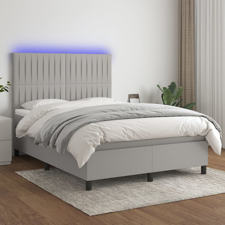 Boxspring Met Matras En Led Stof Lichtgrijs 140 x 190 cm Verticale strepen