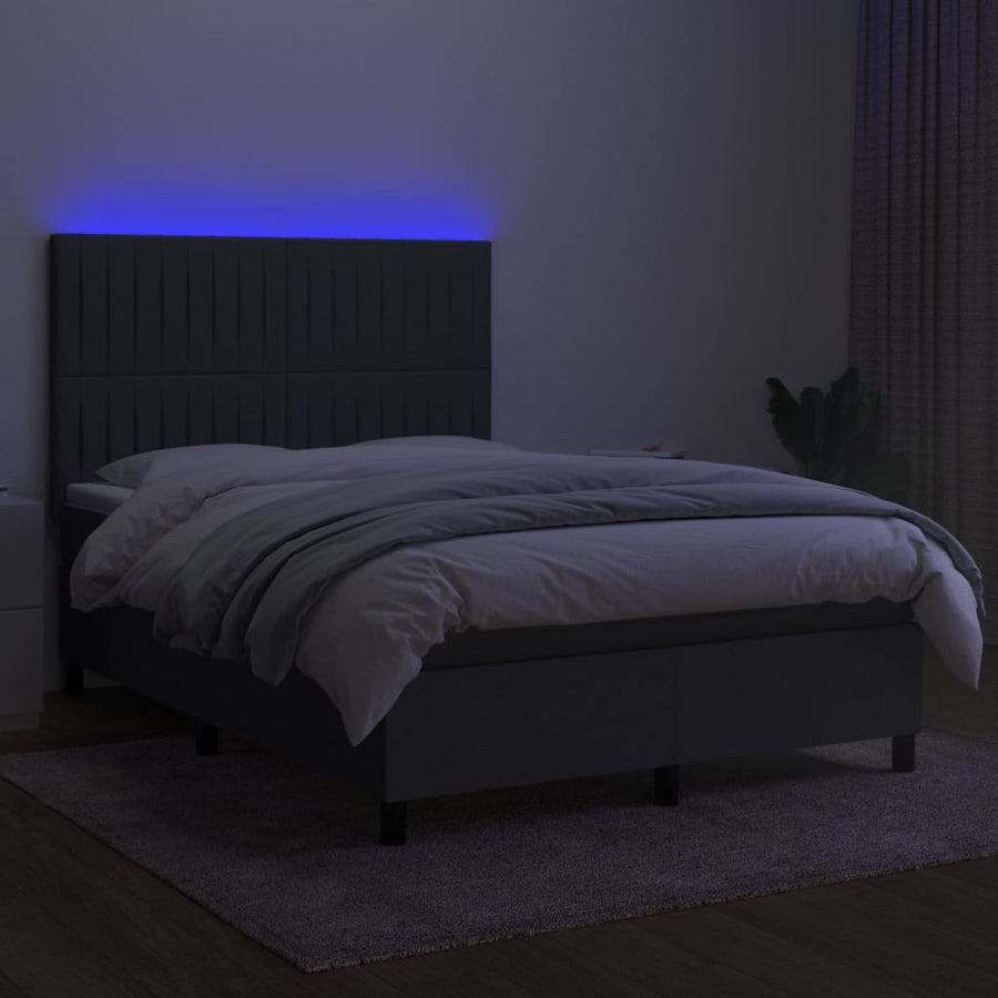 Boxspring Met Matras En Led Stof Donkergrijs 140 x 190 cm Verticale strepen