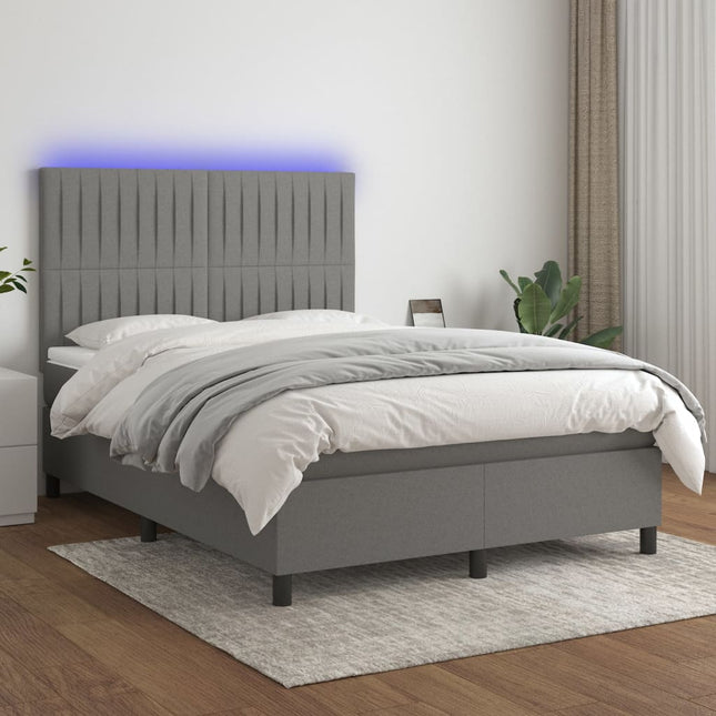 Boxspring Met Matras En Led Stof Donkergrijs 140 x 200 cm Verticale strepen