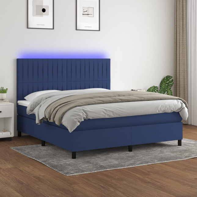 Boxspring Met Matras En Led Stof Blauw 160 x 200 cm Verticale strepen