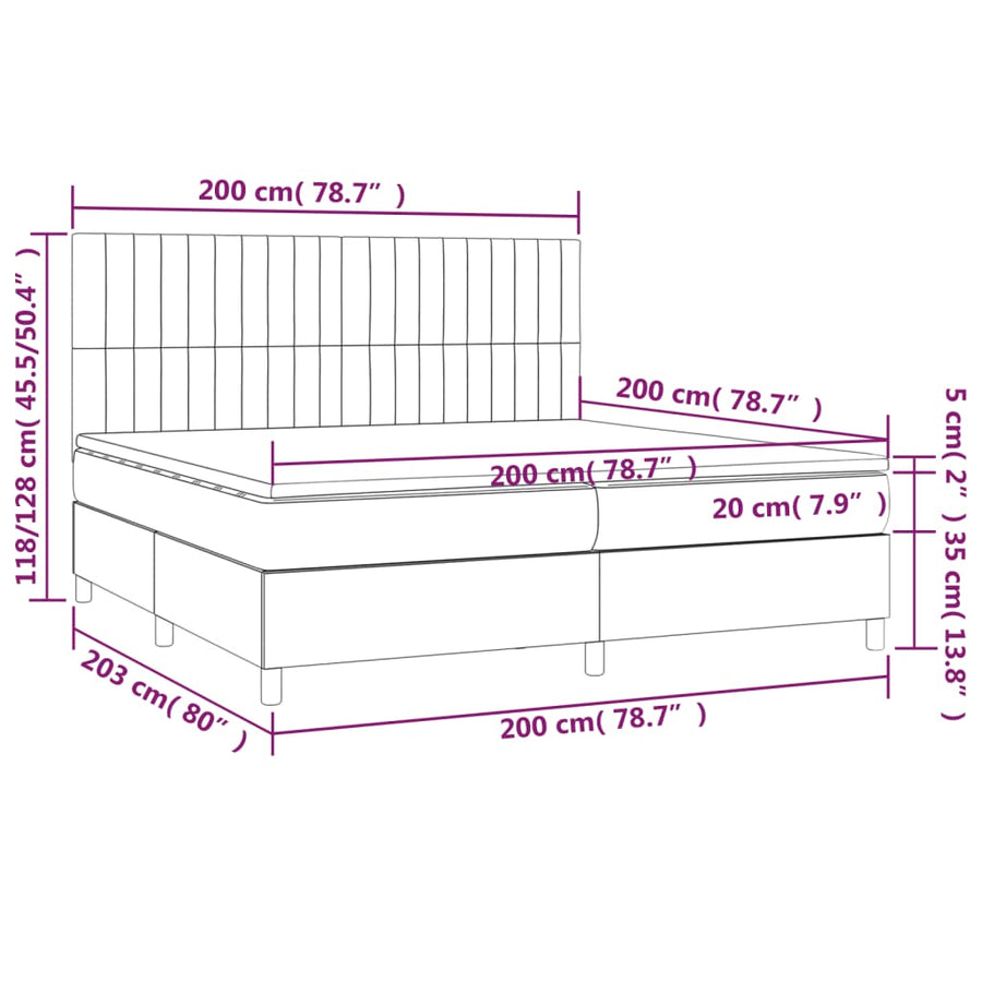 Boxspring Met Matras En Led Stof Zwart 200 x 200 cm Verticale strepen